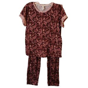 Lucky Brand Pajama Set Womens Small Burgundy Paisley Top Pants w/Pockets #G1